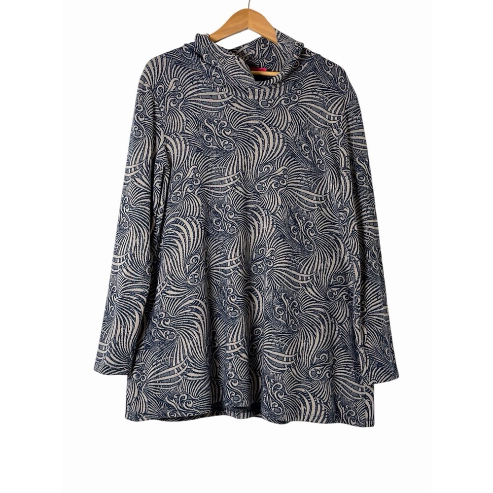 ISLE‎ Melis Kozan Womens XL Navy Cream Cowl Neck Tunic Top Art Nouveau Print